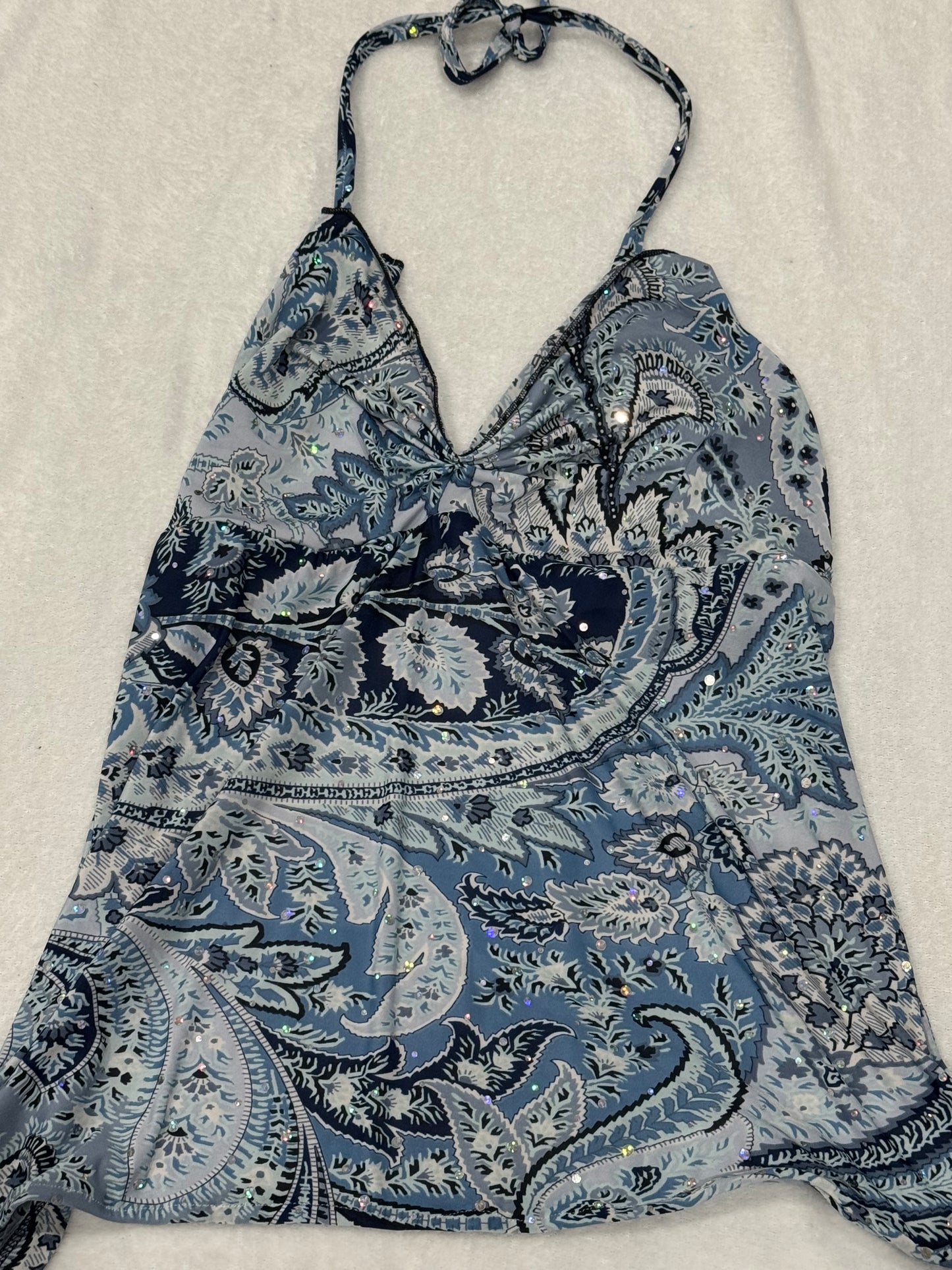 Blue Sequin Halter Top with Tie Back