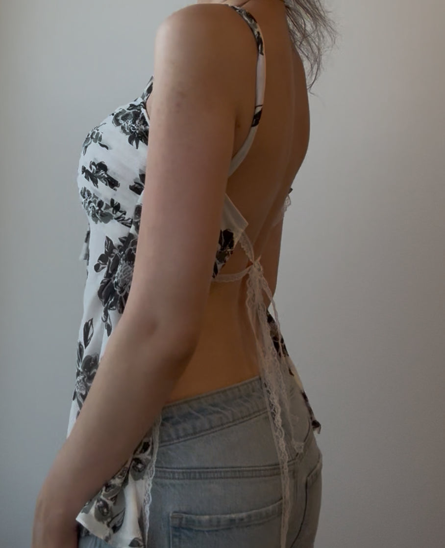 Black and White Floral Top with Lace Back Ties