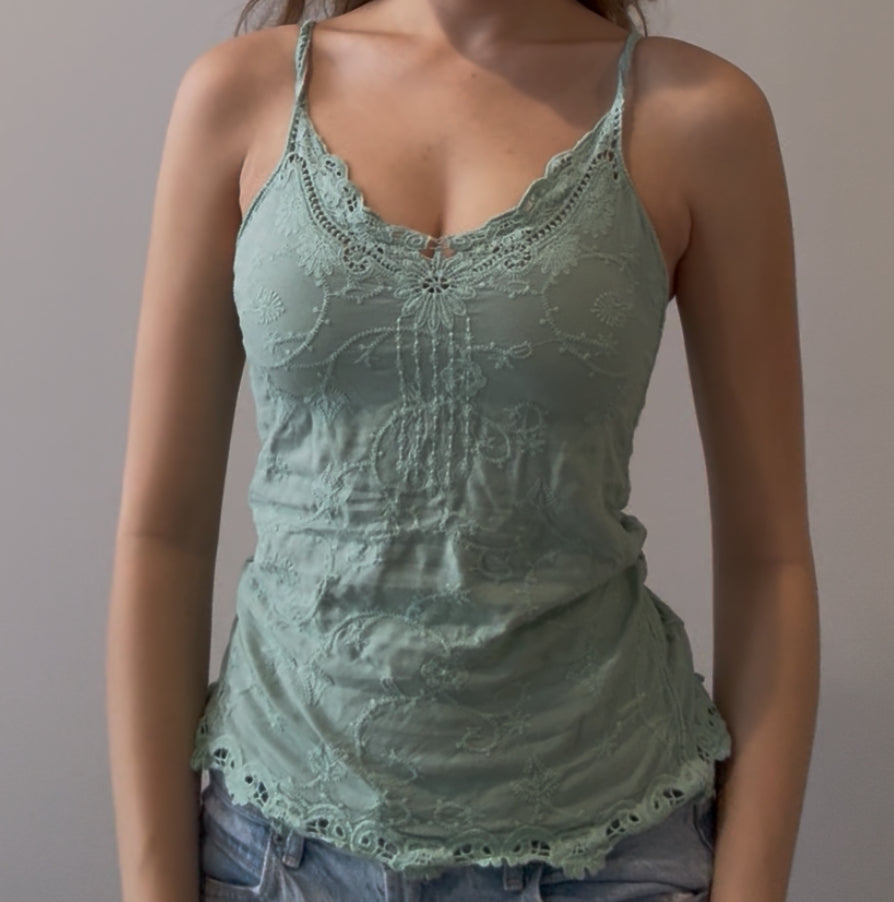 Green Cami Top with Embroidery