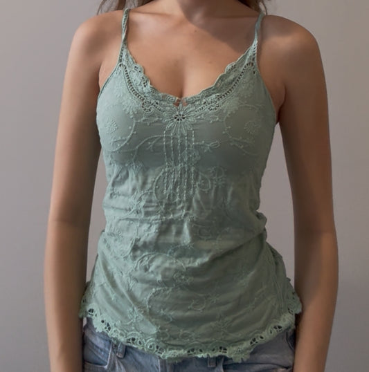 Green Cami Top with Embroidery