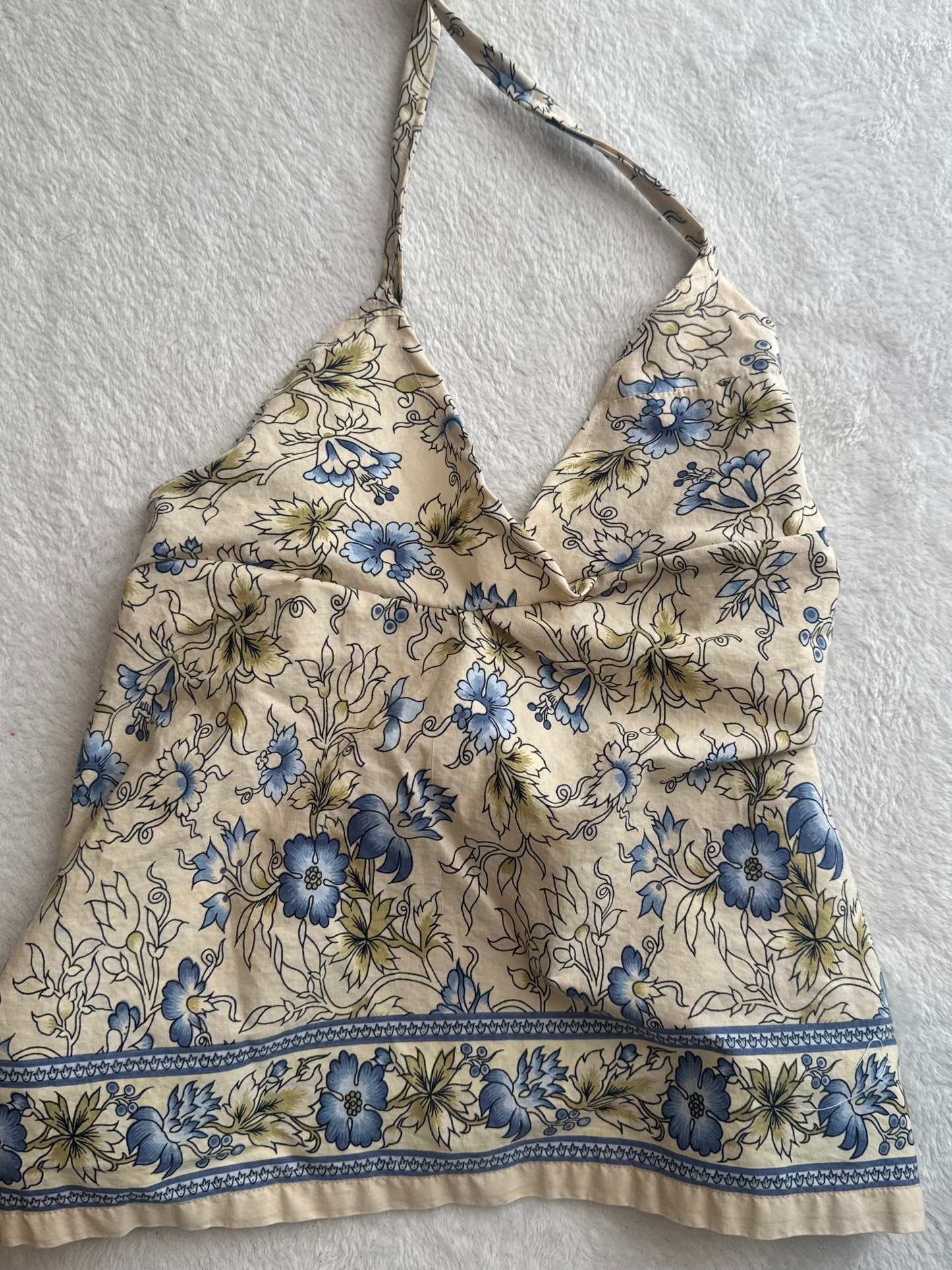 Beige Halter Top with Blue Floral Design