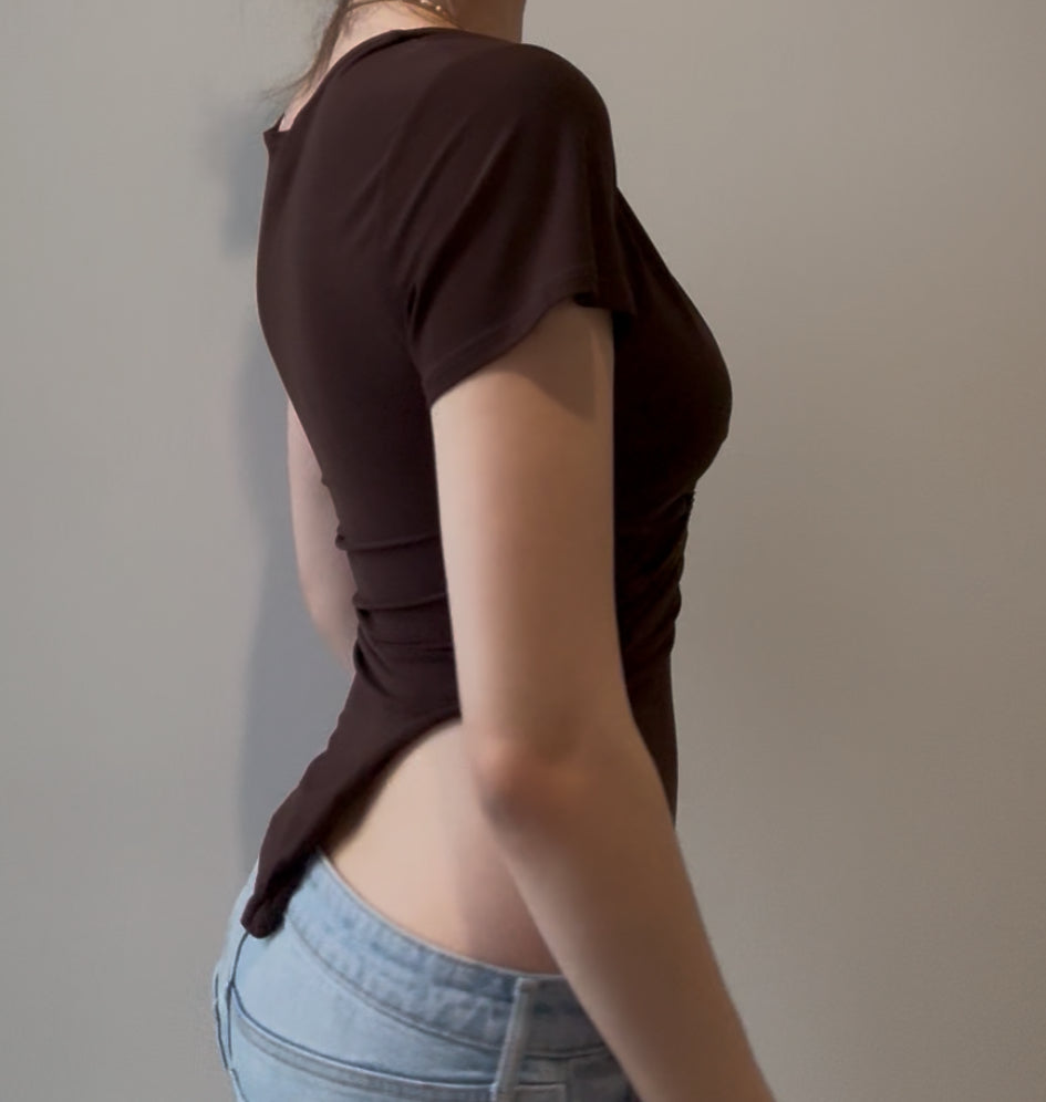 Y2K Brown Top with Silver Ring Accent and Slit