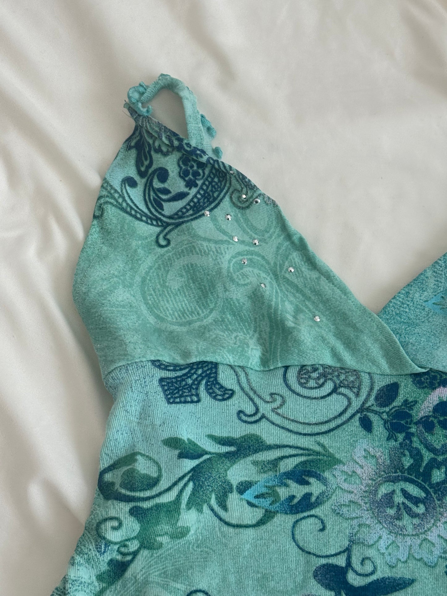 Green Top with Unique Design, Sequins, and Ruffled Straps