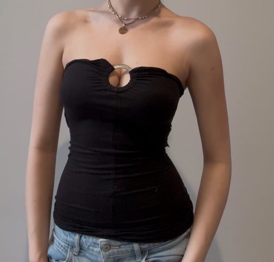 Y2K Black Tube Top with Silver Ring