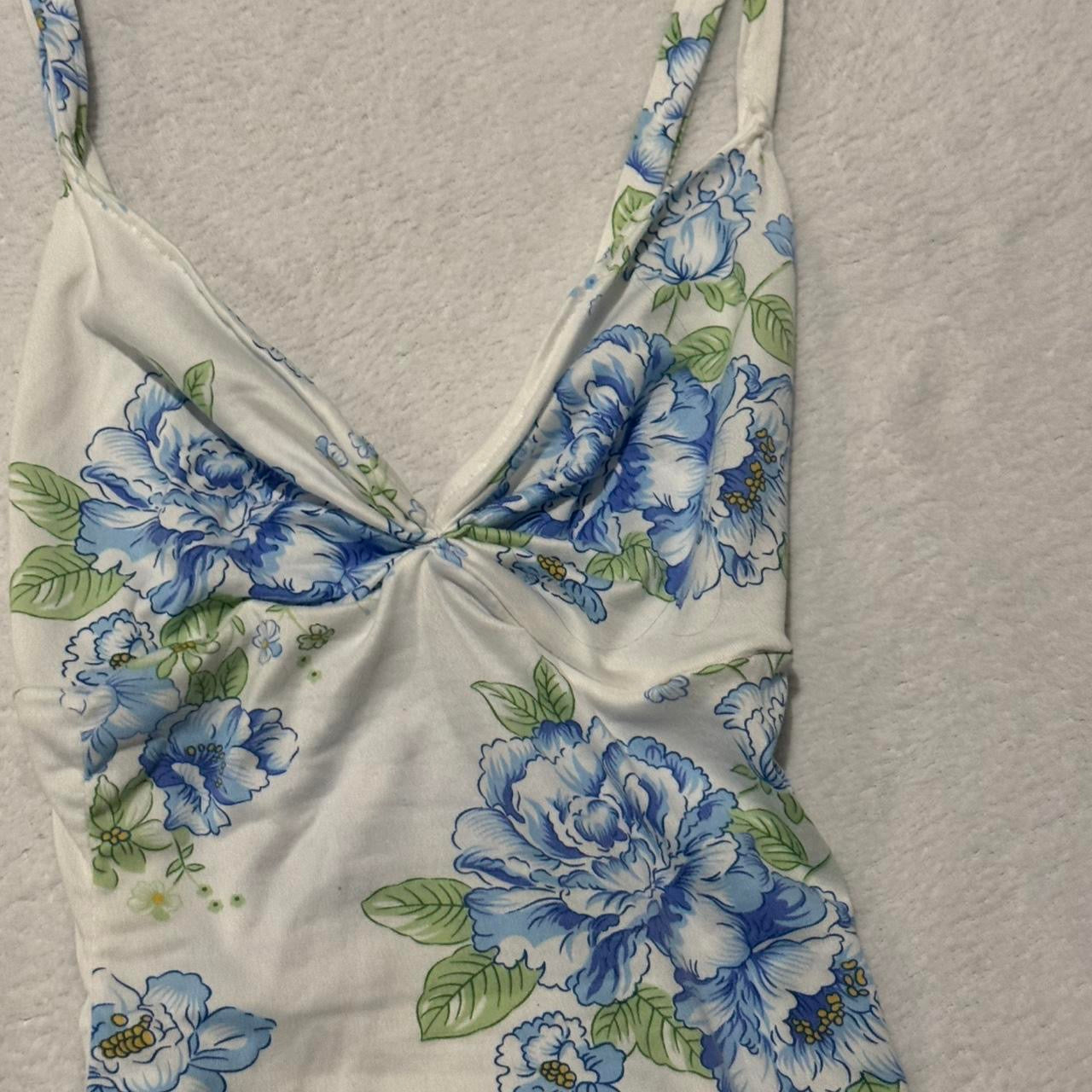 White Top with Blue and Green Floral Pattern