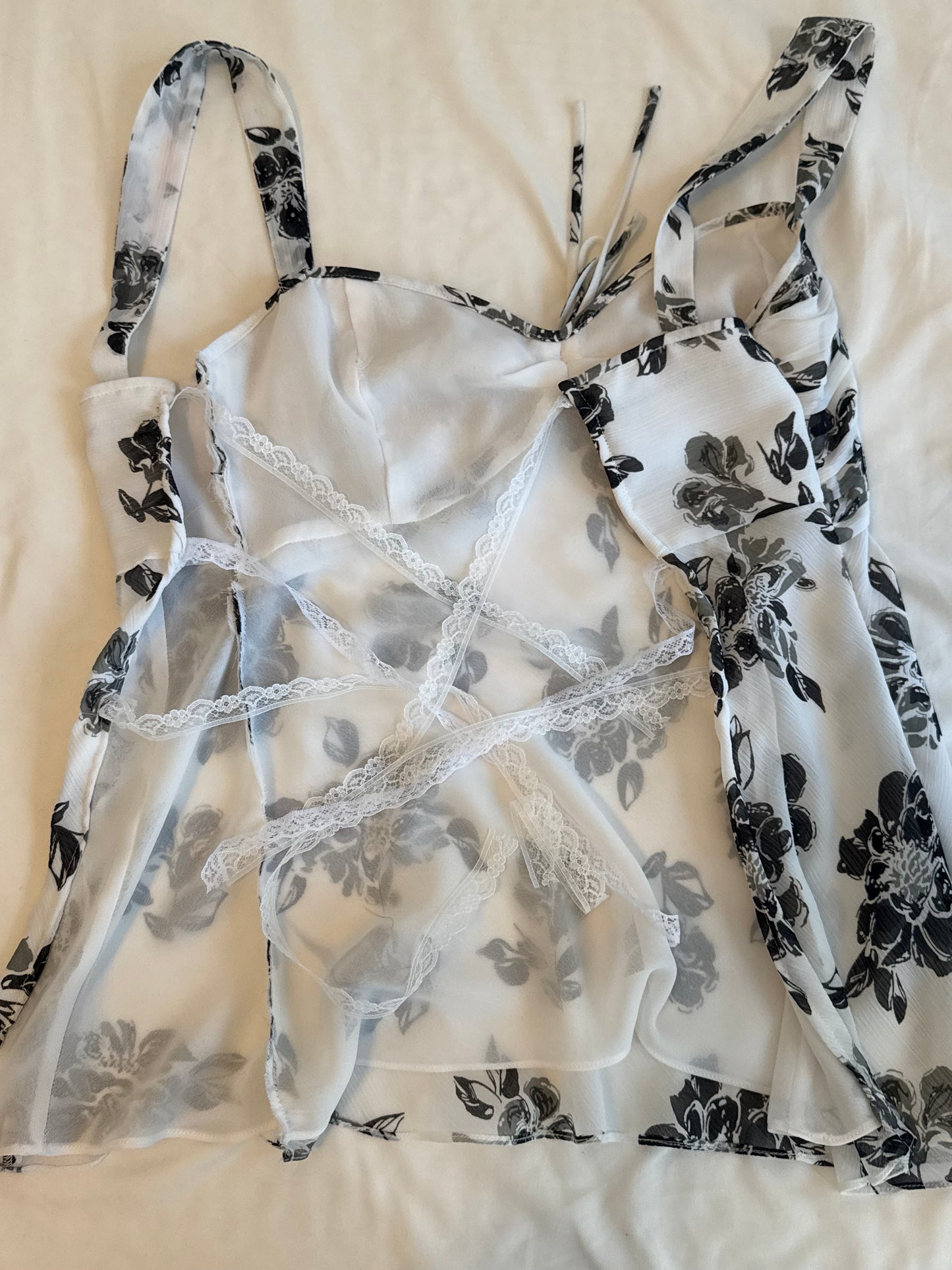 Black and White Floral Top with Lace Back Ties