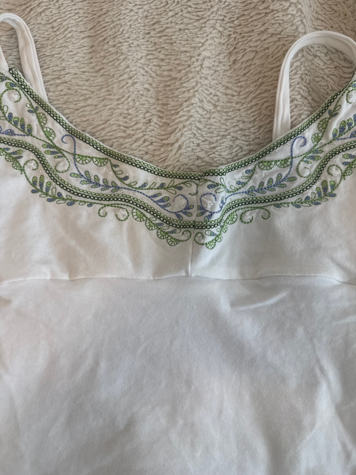 White Top with Green and Blue Embroidery