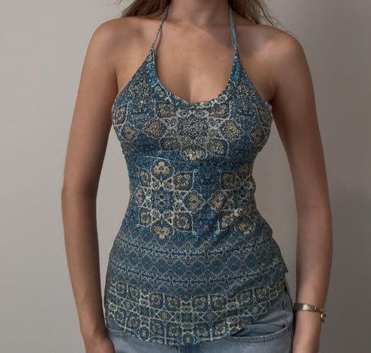 Blue and Yellow Halter Top with Unique Design