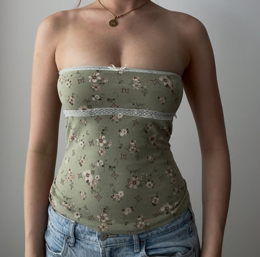 Green Floral Tube Top with Lace and Bow