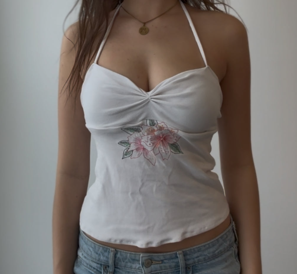 White Halter Top with Floral Embroidery