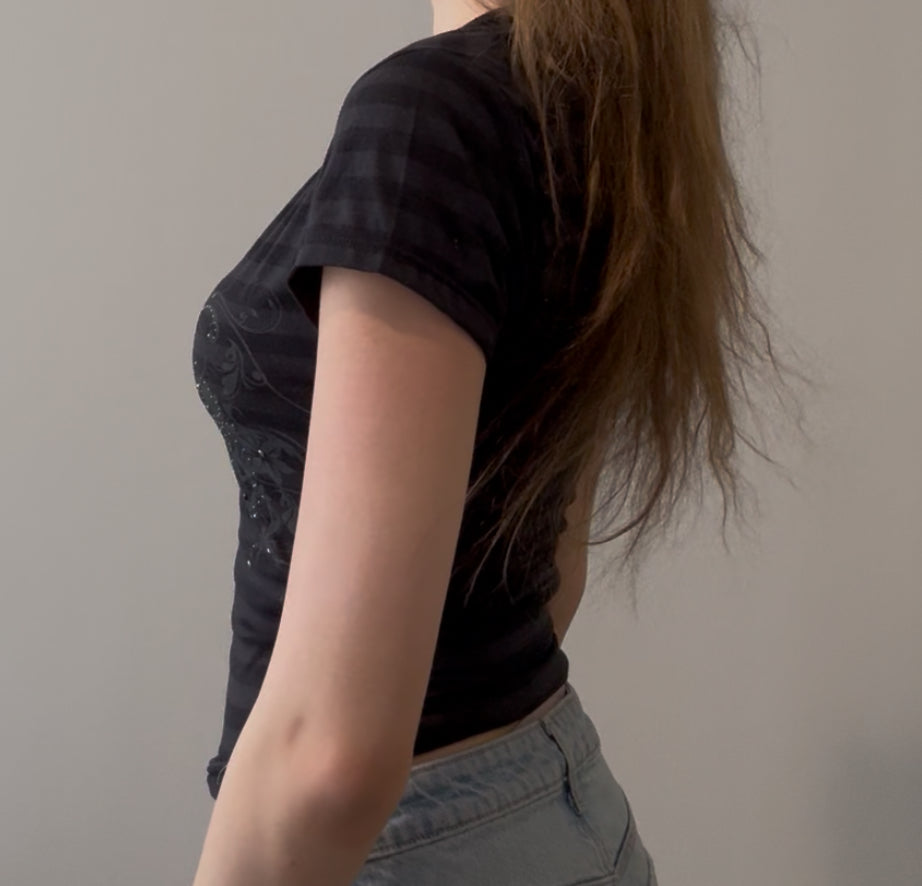 Y2K Black Striped Baby Tee with Sequins