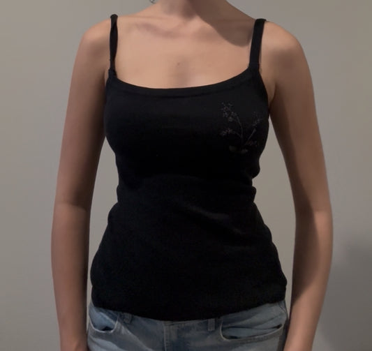 Black Fitted Cami with Floral Embroidery