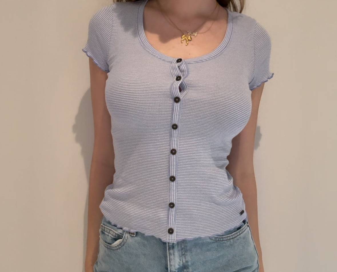Light Blue and White Striped Ribbed Top with Buttons