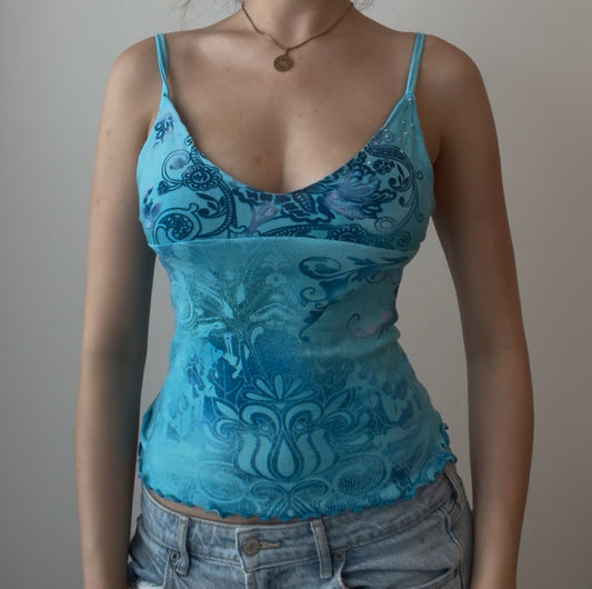 Y2K Blue Top with Pretty Design and Sequins