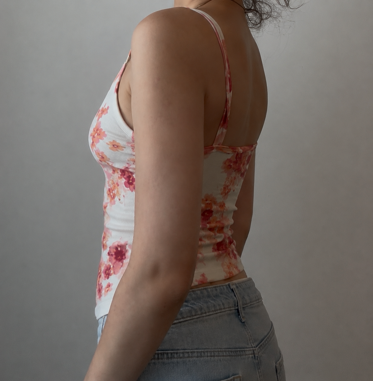 White Top with Orange and Pink Floral Design