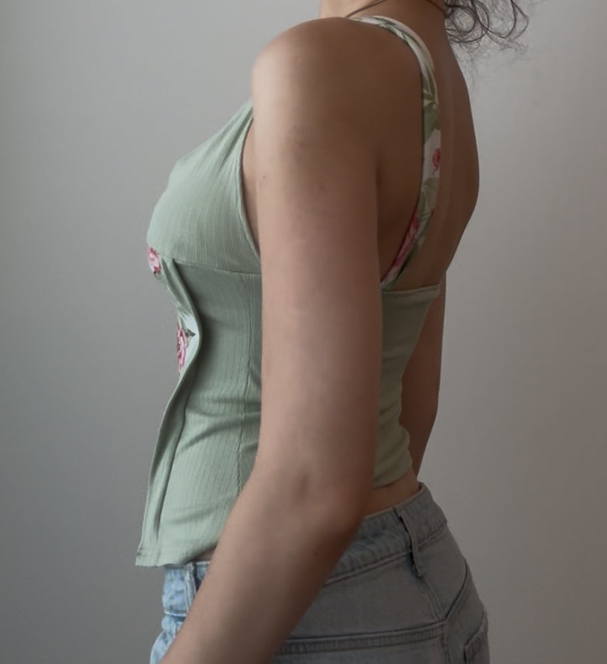 Green Top with White Floral Midsection