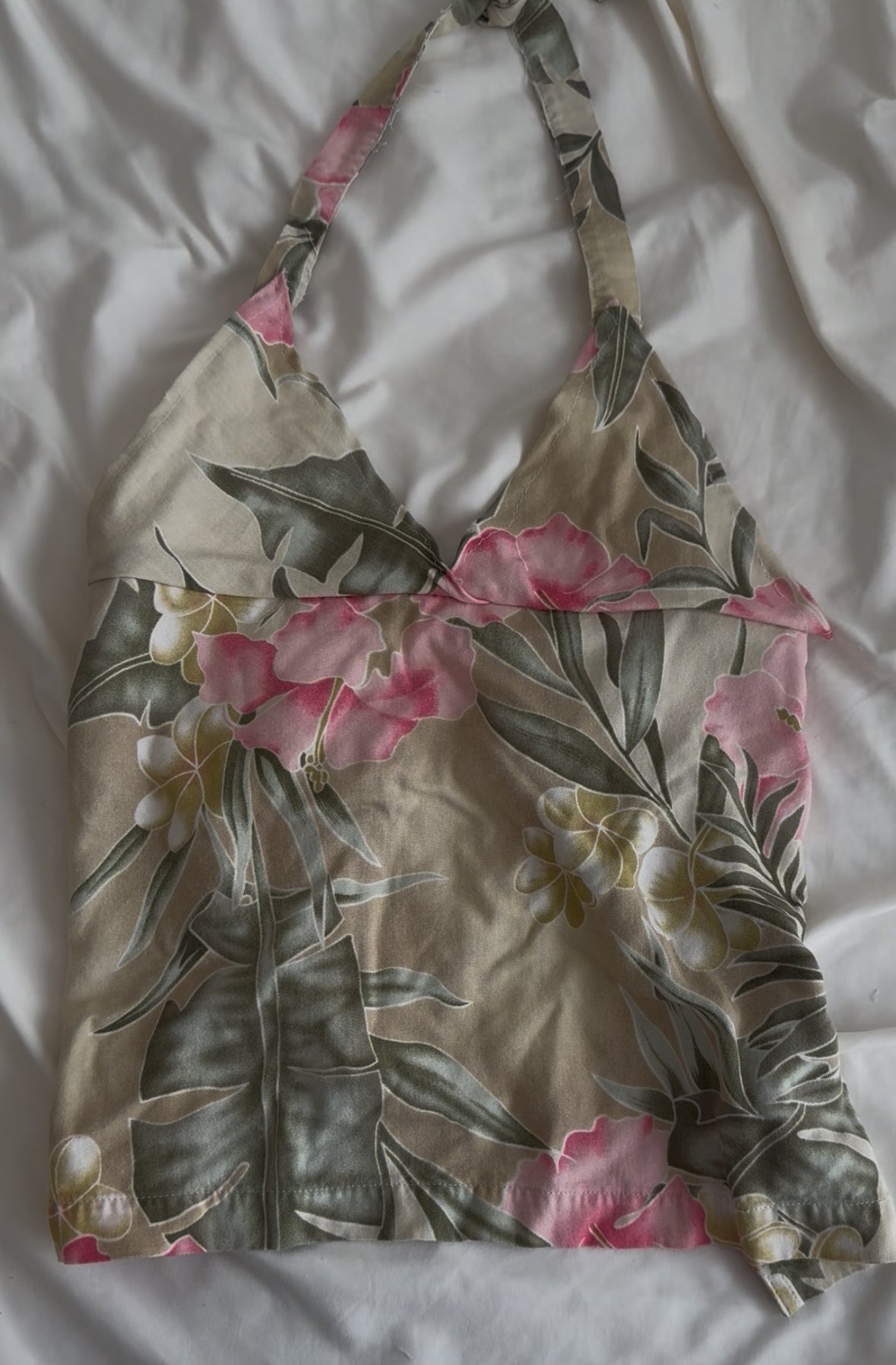 Beige Floral Halter Top with Adjustable Straps
