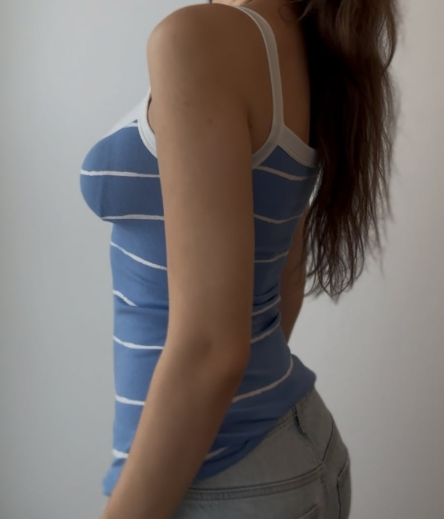 Blue and White Striped Fitted Top