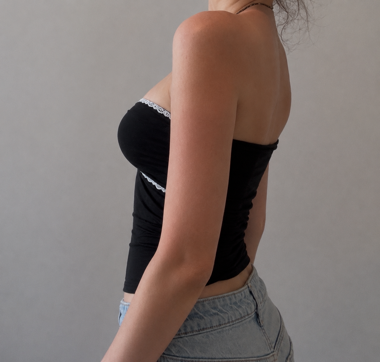 Black Tube Top with White Lace and Black Rose