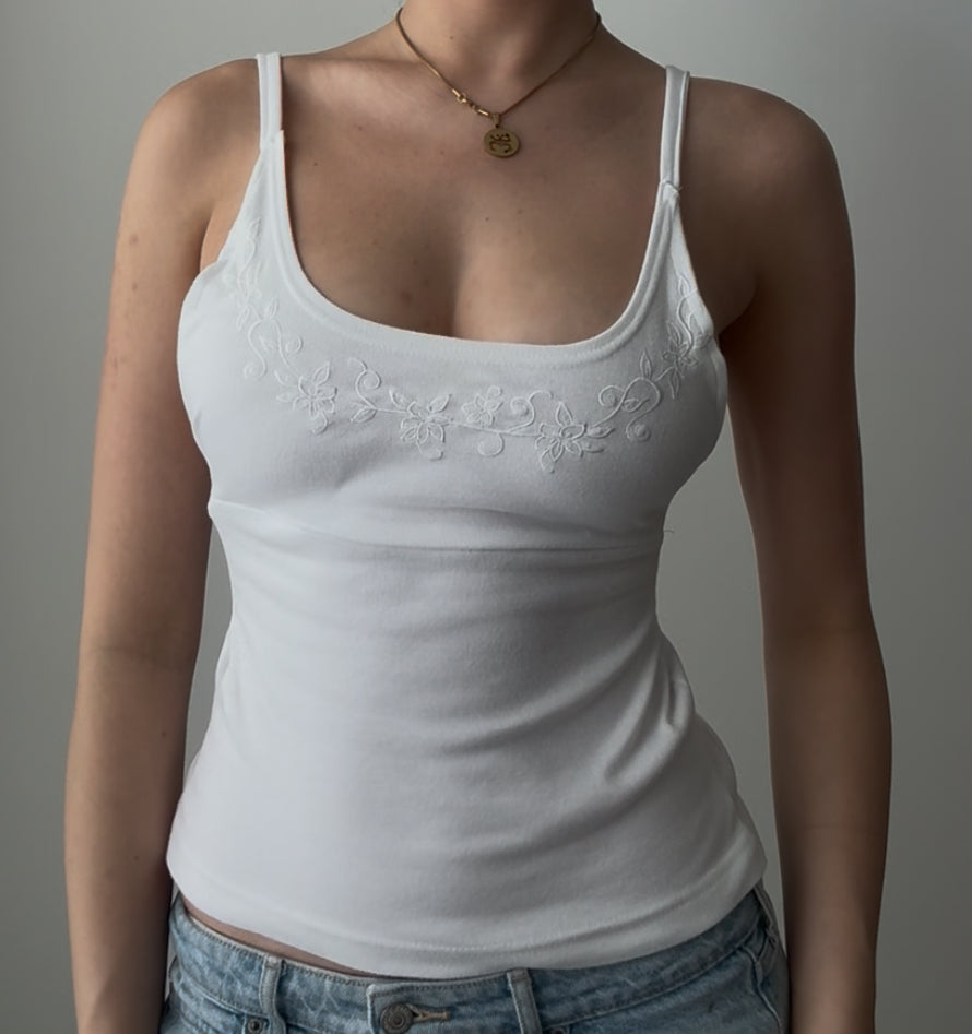 Fitted White Top with Floral Embroidery