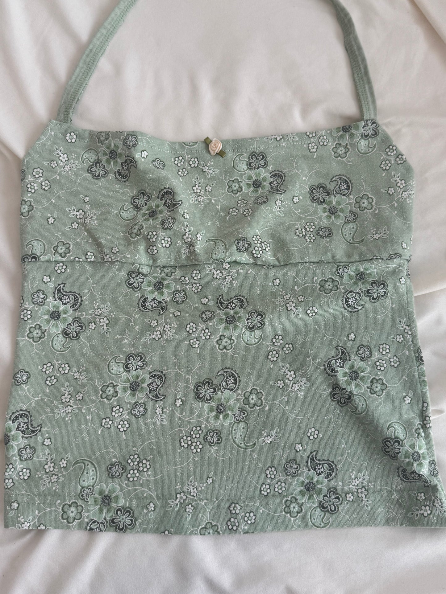 XS Green Floral Halter with Rose
