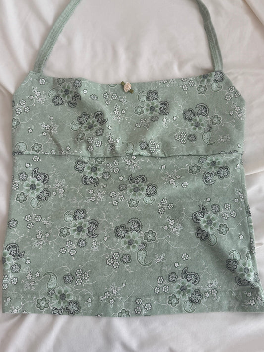 XS Green Floral Halter with Rose