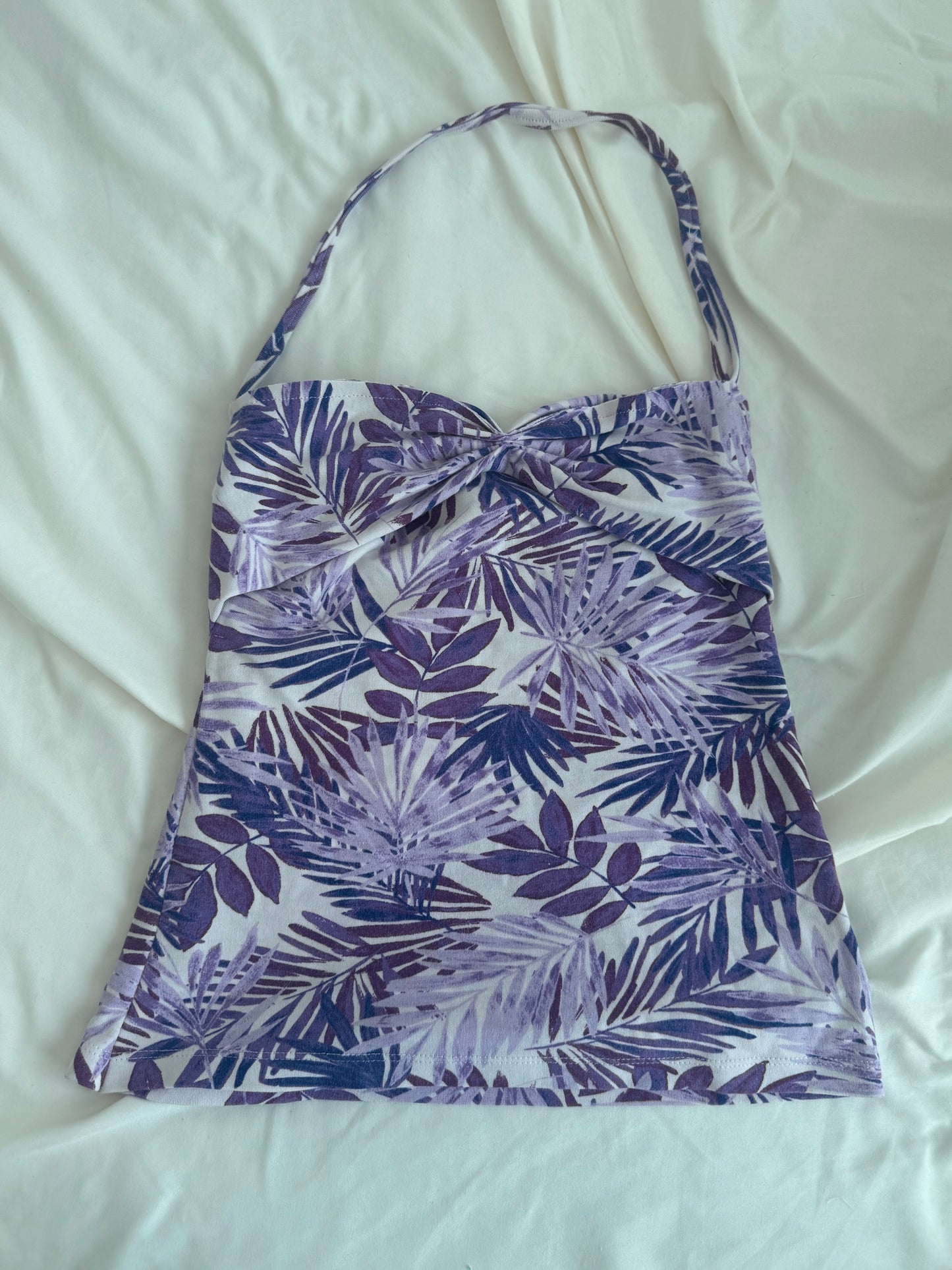 Purple Floral Halter Top with Ruching