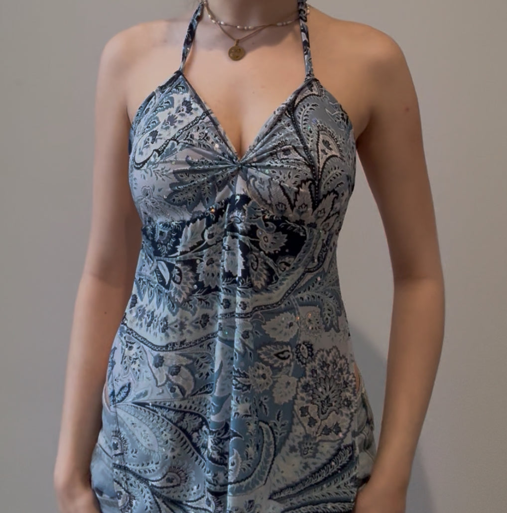 Blue Sequin Halter Top with Tie Back