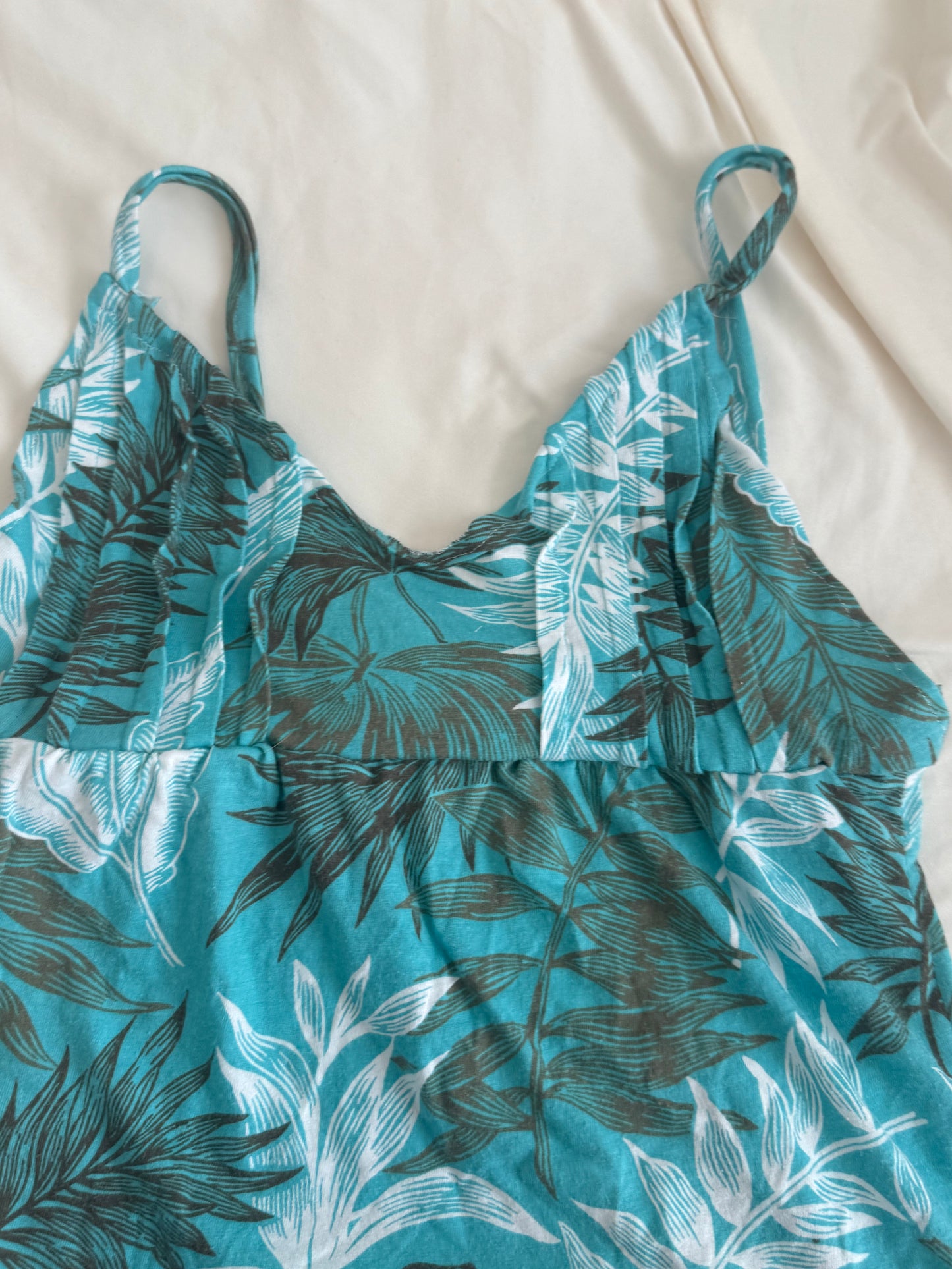 Teal Floral Top with Brown and White Design