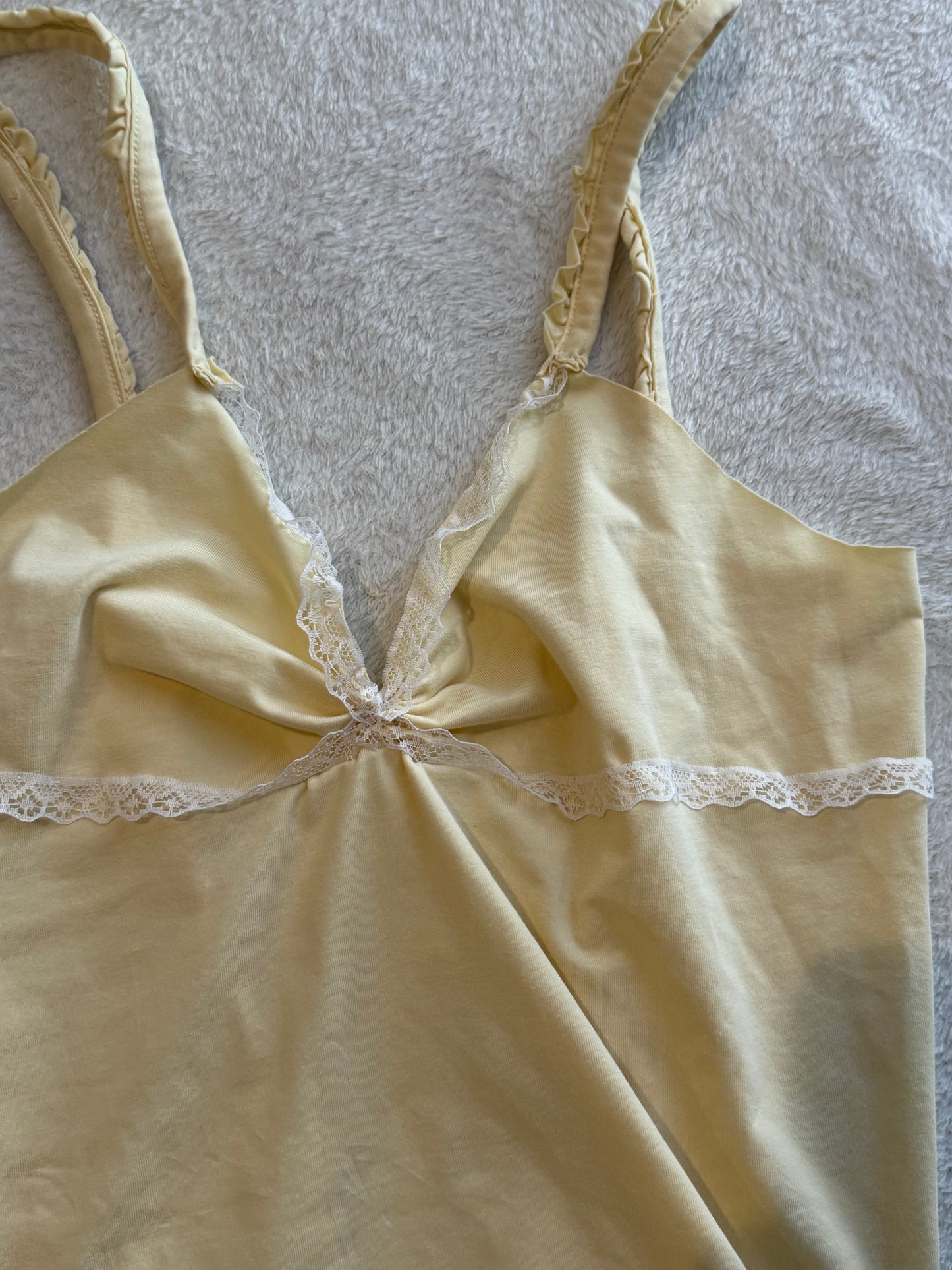 Yellow Cami with Ruching, Lace accents, and Adjustable Lace Ties