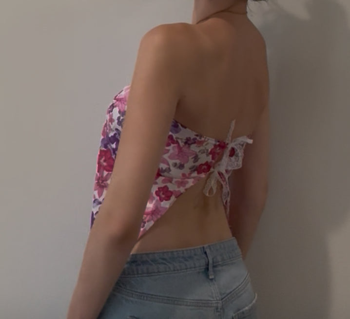 White, Pink, and Purple Floral Tube Top with Lace Tie
