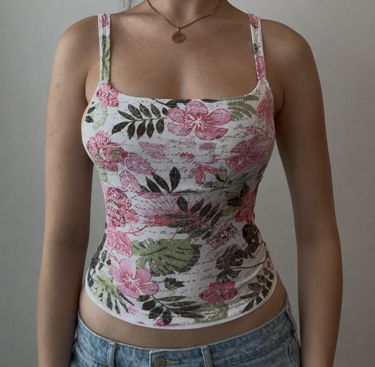 Gorgeous White Top with Pink and Green Floral Print