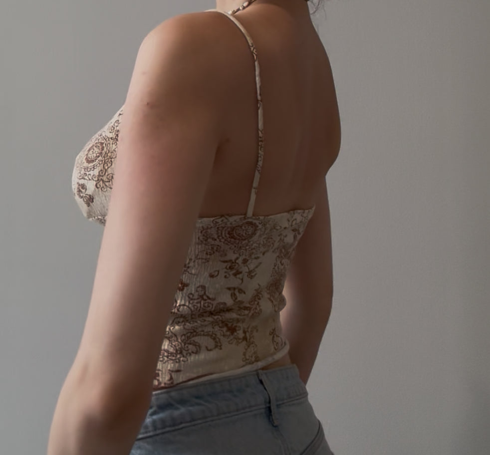 Beige Top with Brown Design and Ruching