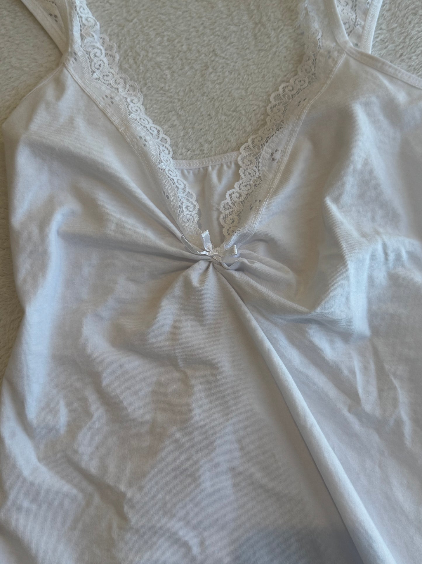 White Cami with Lace, Ruching, and Bow Detail