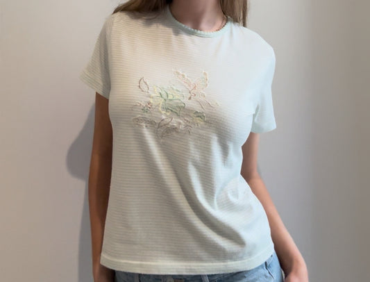Light Blue Striped Top with Floral Embroidery