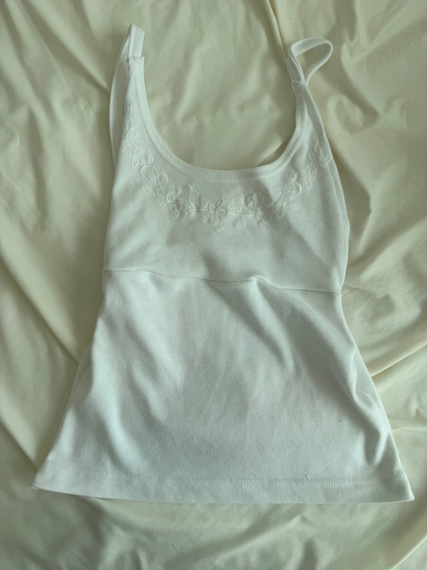 Fitted White Top with Floral Embroidery