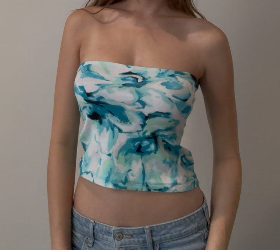 Boho Tube Top with Blue and Green Floral Design