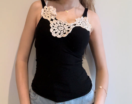 Black Tank Top with Crocheted Flowers