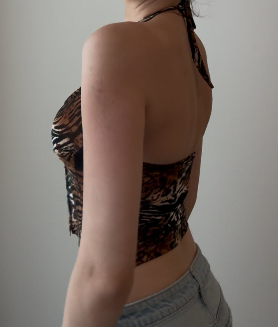 Animal Print Halter Top with Front Tie