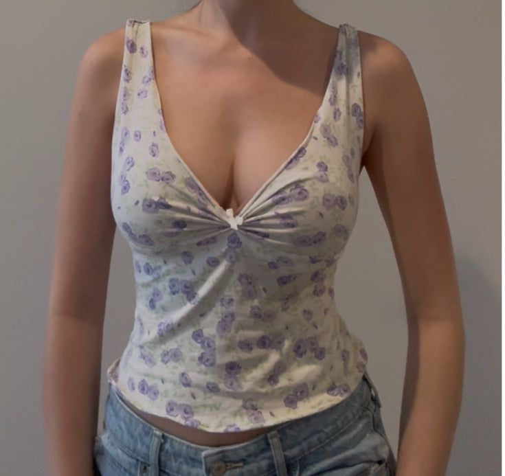 White Floral V-Neck Cami with White Bow