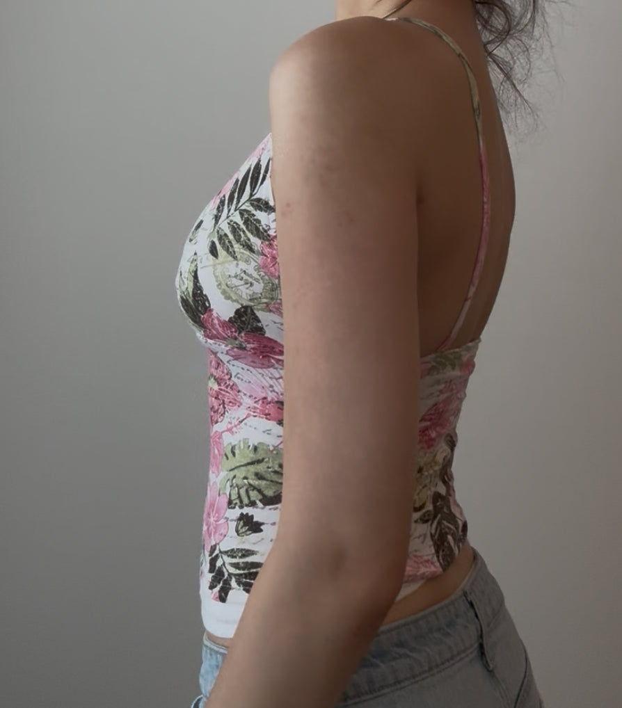 Gorgeous White Top with Pink and Green Print, White Accents