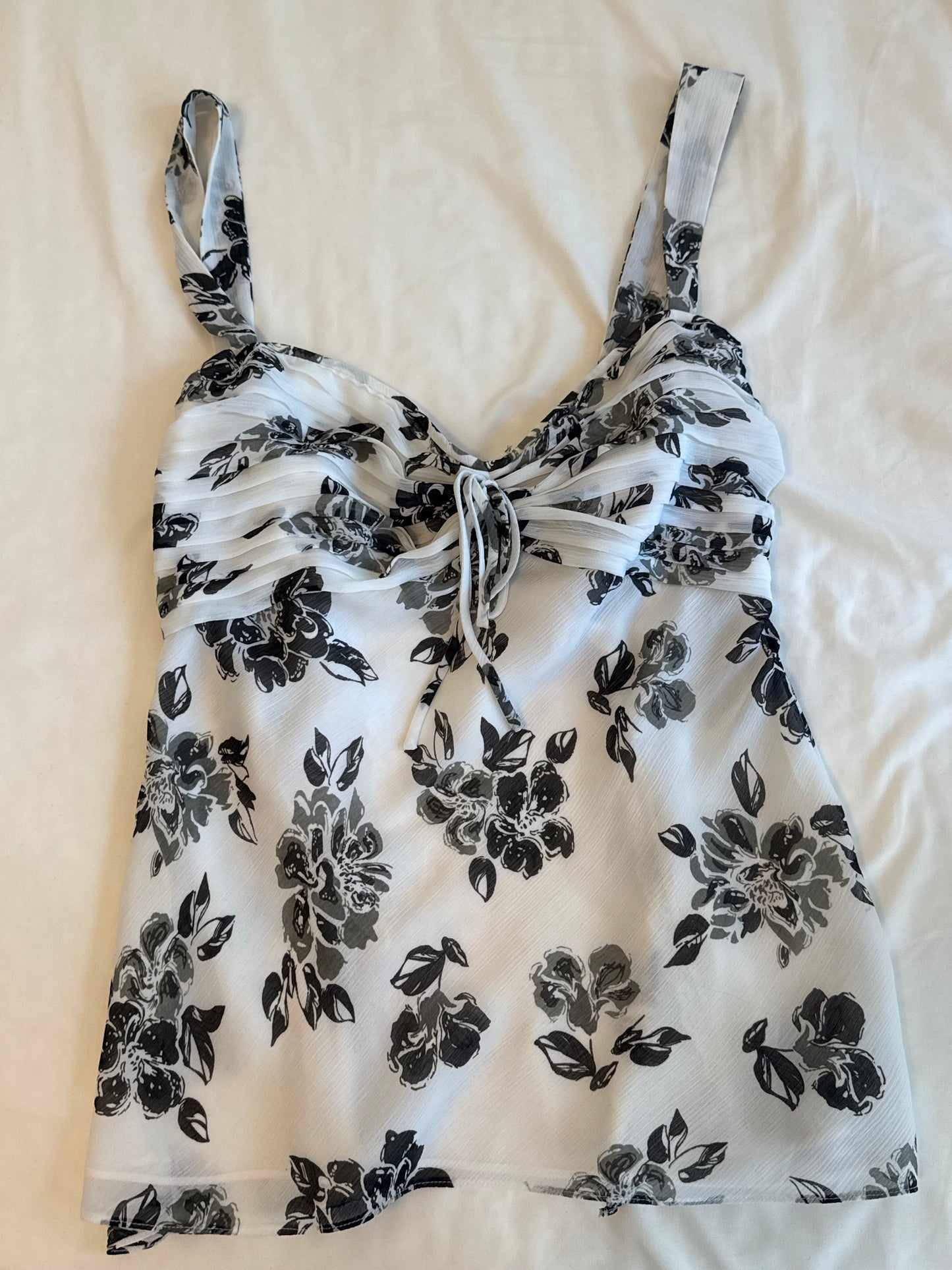 Black and White Floral Top with Lace Back Ties