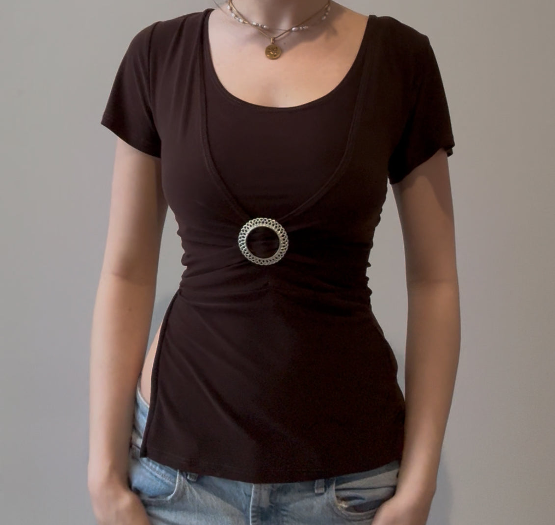 Y2K Brown Top with Silver Ring Accent and Slit