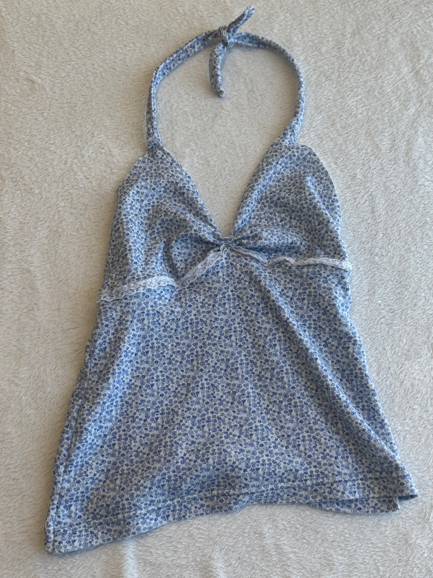 Blue and White Floral Halter Top with Lace
