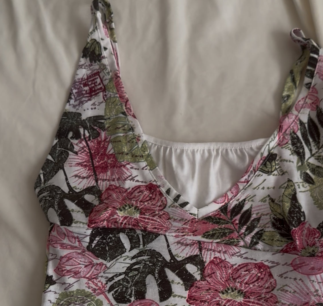 Gorgeous White Top with Pink and Green Print, White Accents