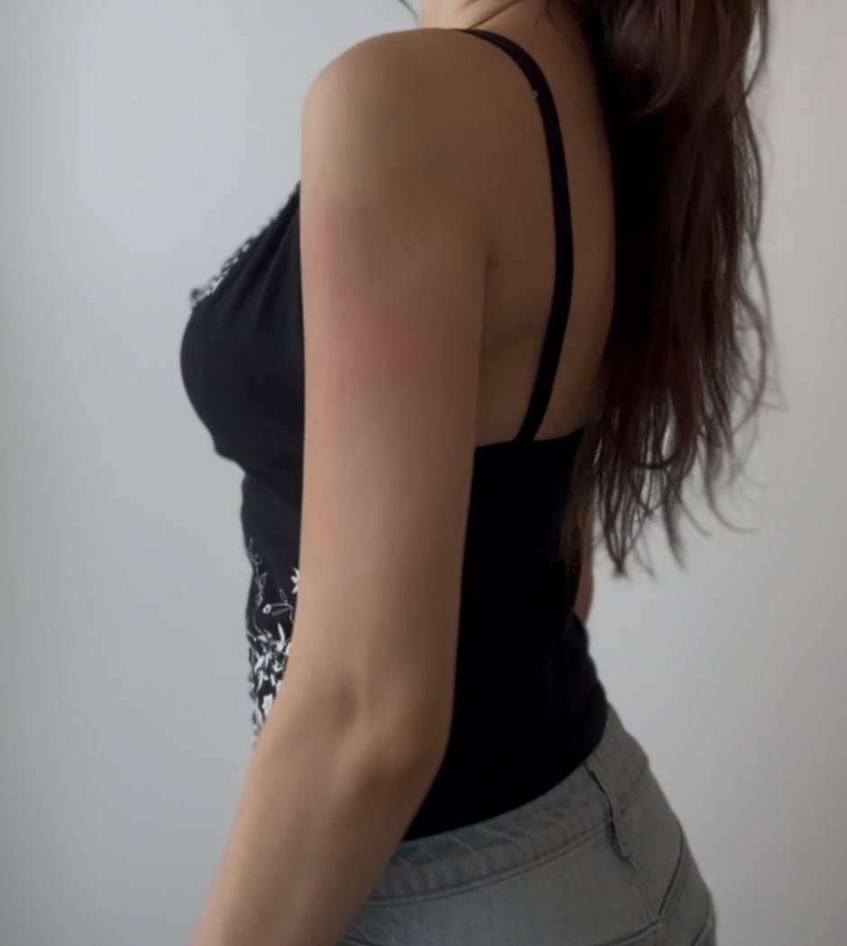 Black Top with White Floral Embroidery