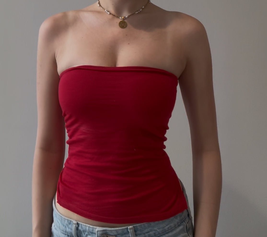 Simple Red Tube Top with Side Slit