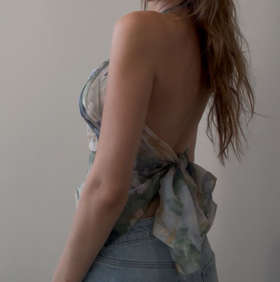 Flowy Floral Halter Top with Tie Neck and Back