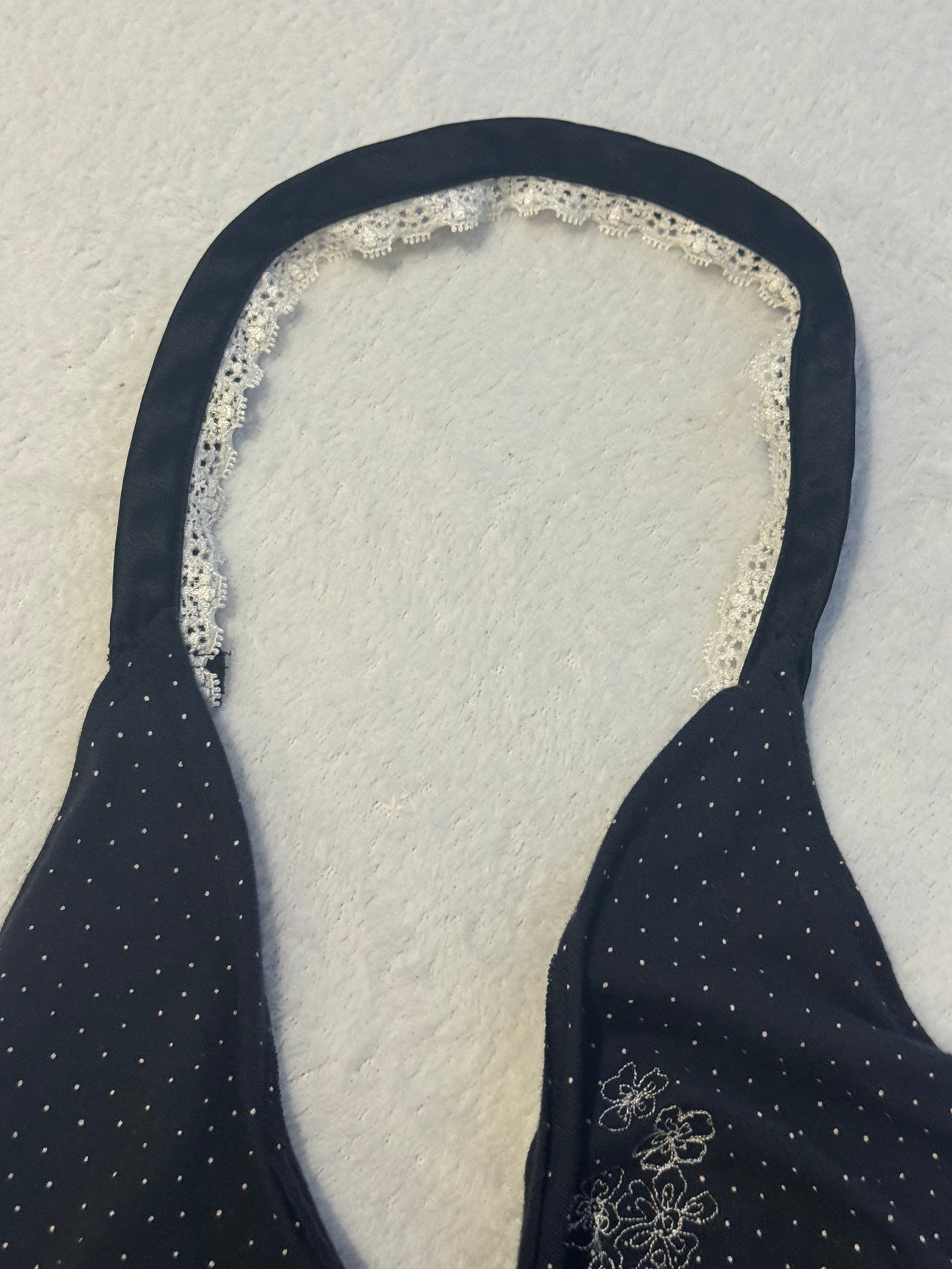 Black and White Dotted Shirt with Ruching, Lace, and Floral Embroidery