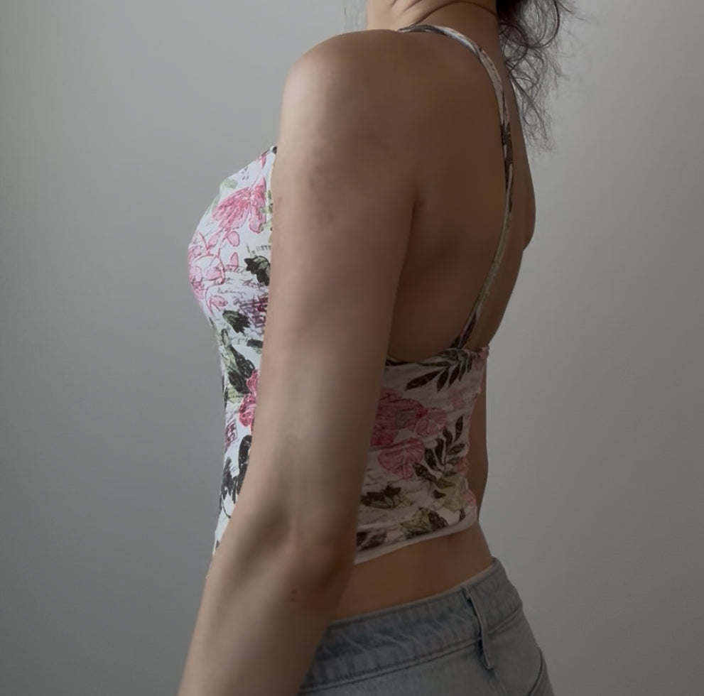 Gorgeous White Top with Pink and Green Floral Print